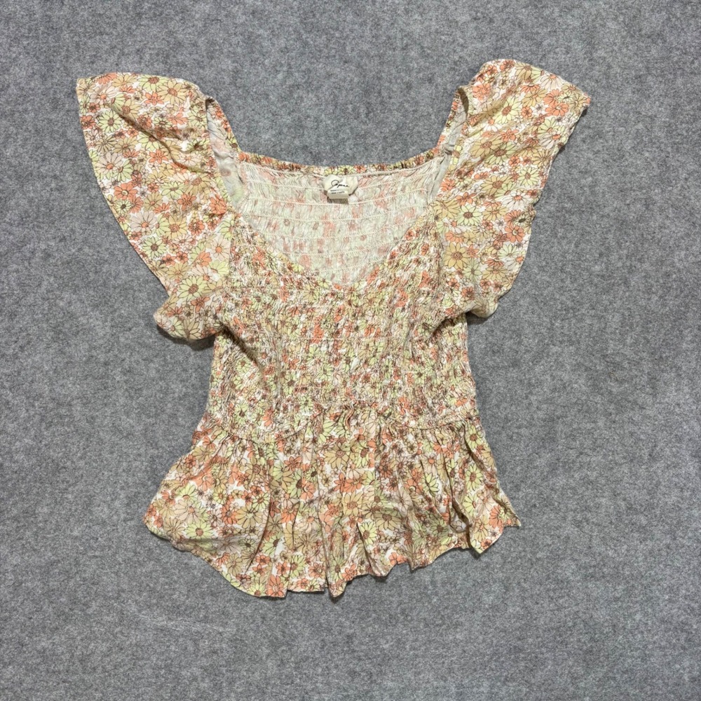 Japna Women Floral Smocked Peplum Top Orange Yellow Flutter Sleeve Small